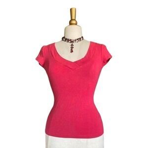 Ann Taylor Loft Y2K 2000s Red Sweetheart Neck V-Neck Short Sleeve Cotton Top S
